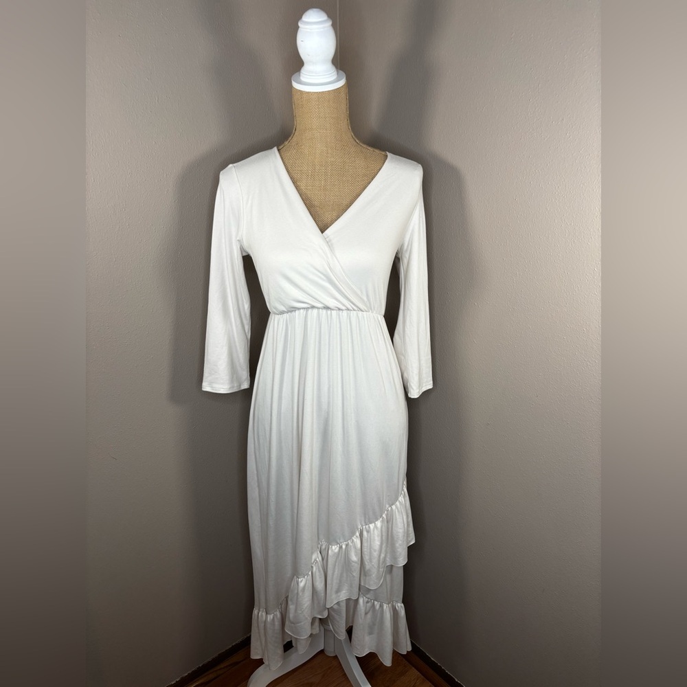 Maternity Mommy Elegant Off-White 3/4 Sleeve Stretchy Maxi Dress